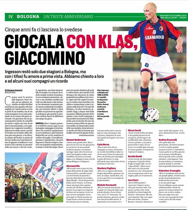 Eldias7's tweet photo. Ciao Klas ❤️💙
.
Oggi su @corrieredellosport edizione #Bologna ricordiamo il grande #Ingesson che purtroppo ci lasciava 5 anni fa.
.
#rossoblu #leggende #guerriero #KlasIngesson #ricorrenze #warrior #legend #legendary #swden #topplayer #bolognafc1909 … https://t.co/rFen4QwcWg https://t.co/7gTu8mLFn4