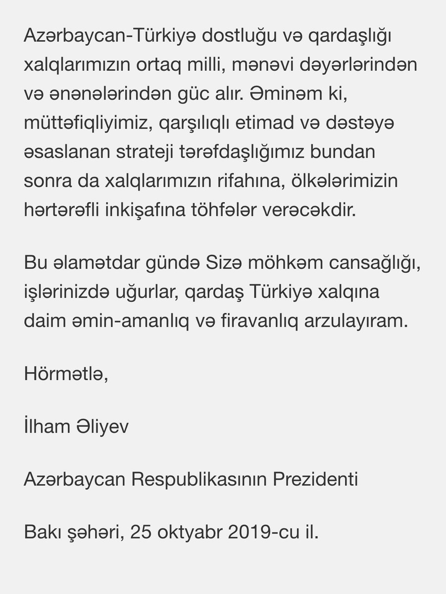 AzEmbassyTurkey's tweet photo. #Azərbaycan Respublikasının Prezidenti İlham Əliyev tərəfindən #Türkiyə Respublikasının Prezidenti Rəcəb Tayyib Ərdoğana ünvanlanmış təbrik məktubu.
@presidentaz @RTErdogan https://t.co/Ypi8mxb2Uj