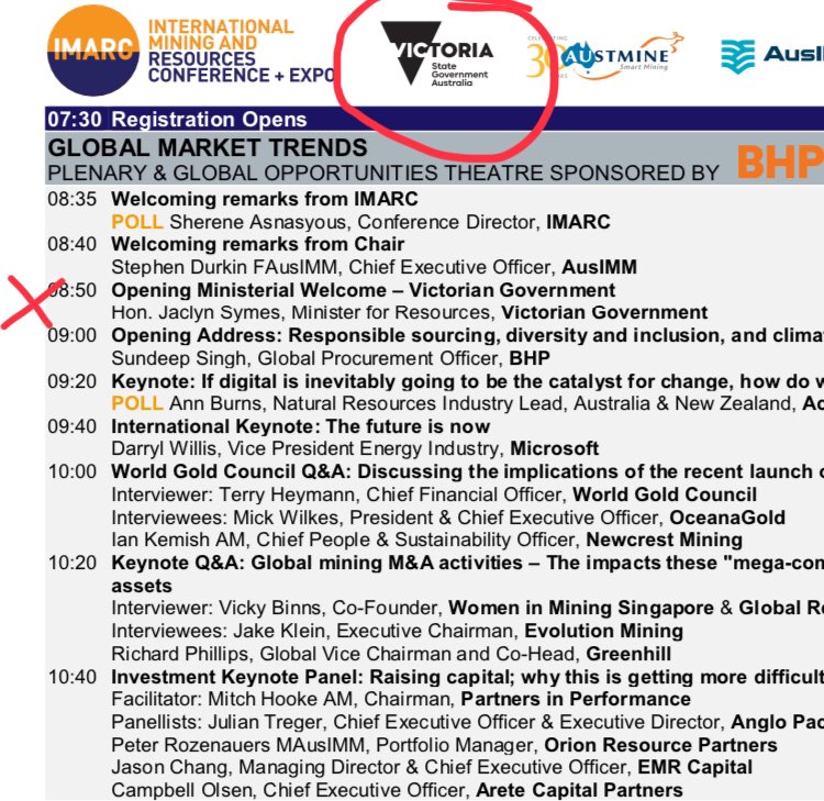 sarah_missen's tweet photo. Couple of quick things re #BlockadeIMARC. Victorian state government sponsored the event as evidenced by their branding being on the agenda. They also got a plum speaking spot. https://t.co/Oey2CMTz0Z