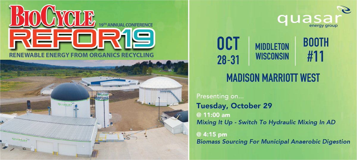 quasar_eg's tweet photo. BioCycle REFOR19 is here!! Don't miss our presentation TODAY on Switching to Hydraulic Mixing in Anaerobic Digestion at 11:00 AM! Stop by our booth by the refreshments area too.
#BioCycleMag
https://t.co/z9ewMAumI3 https://t.co/XOgbzDbUMd