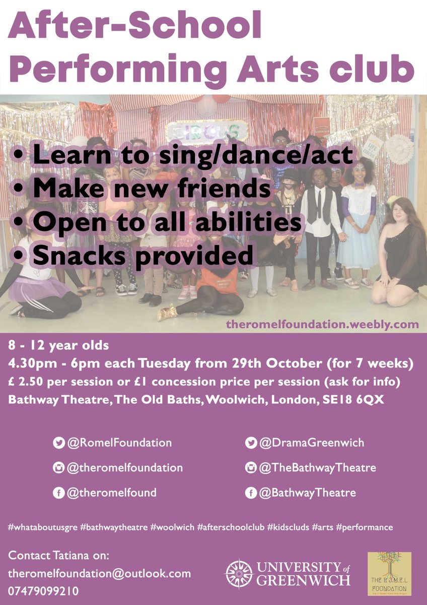 Does your child love to sing/dance/act? Why not bring them along to our After-School Performing Arts Club this eve at 4.30pm? Open to all abilities &amp; lasting for 7 wks <a href="/Bathway_Network/">BTN</a> Woolwich <a href="/DramaGreenwich/">Bathway Theatre</a> <a href="/UniofGreenwich/">Uni of Greenwich</a> <a href="/RomelFoundation/">The ROMEL Foundation</a> Come along for fun, snacks &amp; friends!