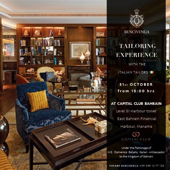 CapitalClubBAH's tweet photo. Looking forward to an evening of exquisite 
Italian Fashion with an exclusive FASHION SHOW by Tiffany Bencivenga! on 30th Oct
Under the Patronage of H.E. Domenico Bellato, Italian Ambassador 
#Bencivega #tiffany #italianfashion #fashionshow #capitalclubbahrain #manama #italy https://t.co/yuCguWQtS4