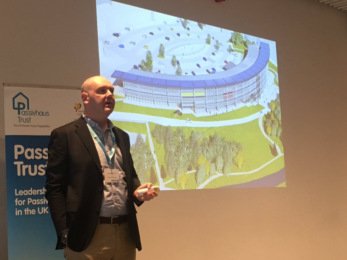 EmmaOsmun's tweet photo. Great to hear from @BarryMcCarron the progress of South West College’s passivhaus campus building in Northern Ireland. 90% energy efficiency and significant revenue savings. #UKPHC19 https://t.co/Sx694n9uTT