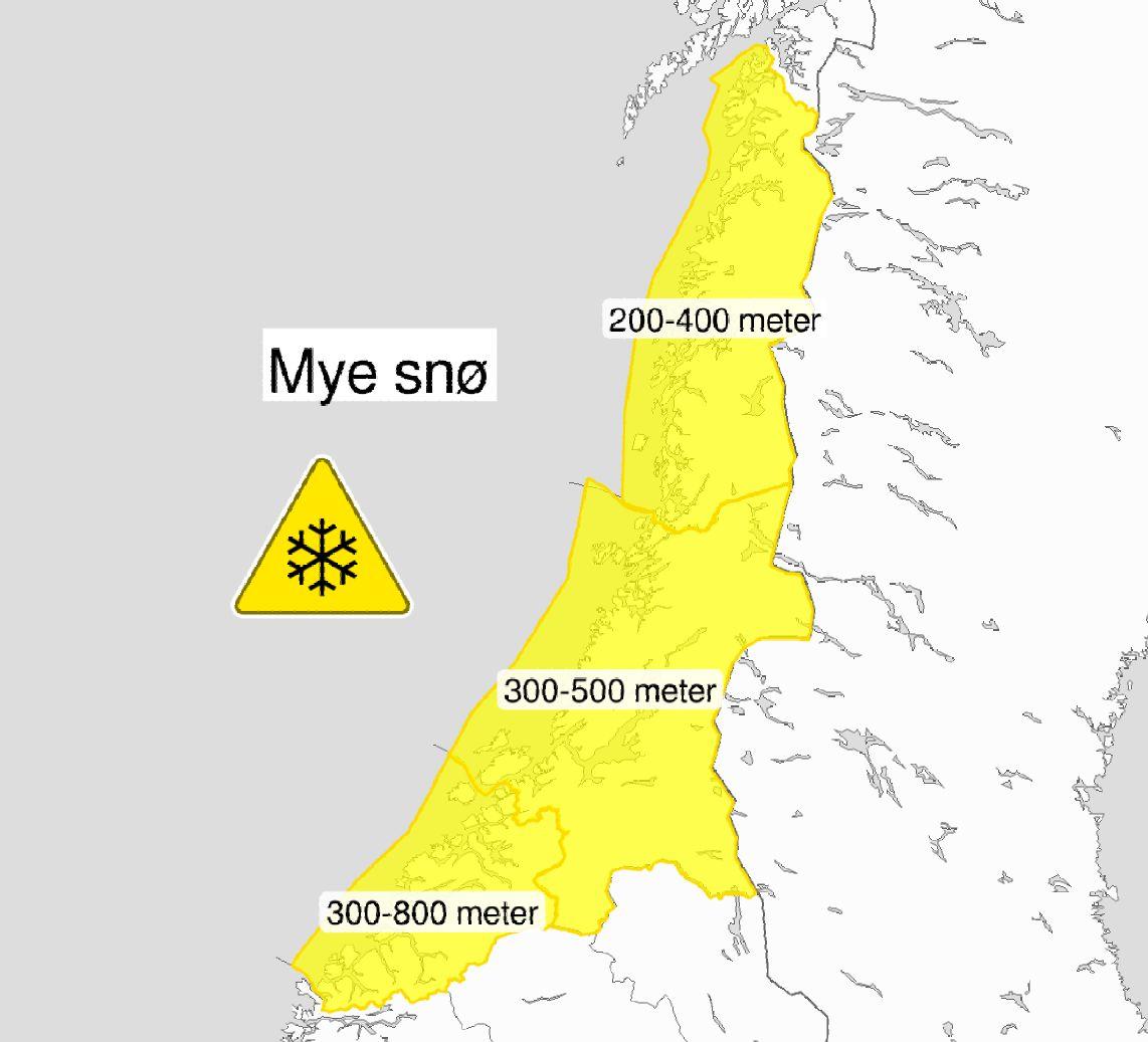 Meteorologene's tweet photo. Vi har sendt ut gult farevarsel for mye snø på onsdag i #Trøndelag og #MøreogRomsdal, i tillegg til deler av #Nordland. Snøgrensa synker nordover. Les detaljerte varsler på https://t.co/orfrPPNHR1 ⚠️ https://t.co/tEAidf9IER
