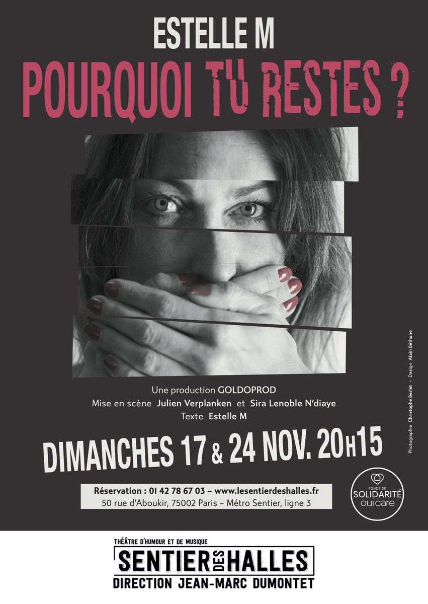 Fier de donner un coup de main à Estelle M pour son seule en scène sur les violences conjugales, celles qu'elle a subies et qu'elle raconte sans concession, sans filtre mais pas sans humour. C'est les 17 &amp; 24 novembre au Sentier des Halles. Réservez, venez, c'est important, merci