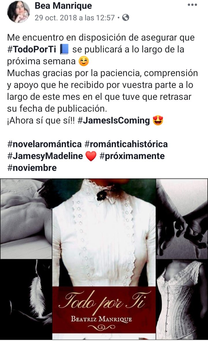 BeatrizManMar's tweet photo. El señor FB me recuerda que hoy hace un año #JamesIsComing 😍
#TodoPorTi 📕 #JamesyMadeline 💕 #SerieAlfonsinos3 📚 #RománticaHistórica #España #SigloXIX #Amazon #KindleUnlimited 👇
https://t.co/CIqbqrOWtp https://t.co/VrkHjVy6rL