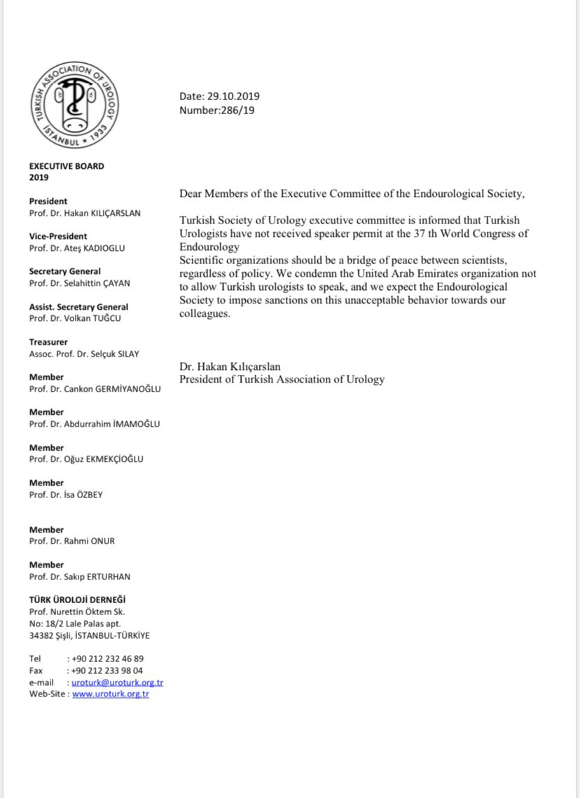Turkish Endourologists who are the major contributors of <a href="/Endo_Society/">Endourological Society</a> were not allowed to speak at #WCE2019 #AbuDhabi On behalf of Turkish Urologists, we strongly condemn this unacceptable attitude of the organization committee!