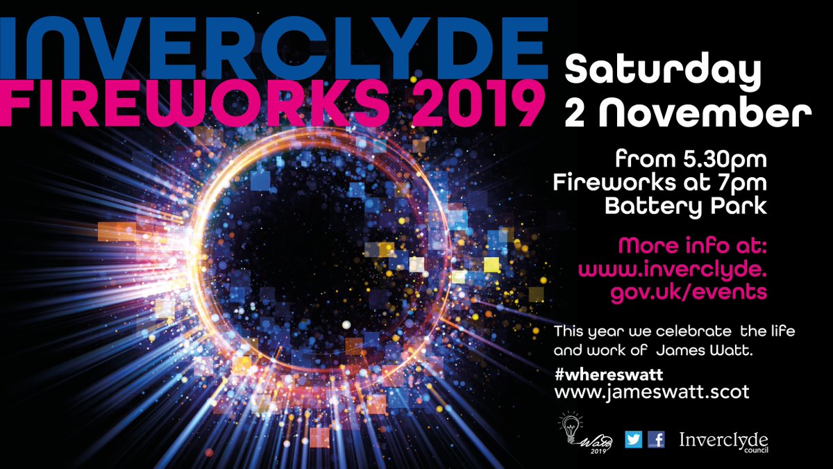inverclyde's tweet photo. This weekend, Saturday 2 November at Battery Park.  Fair ground rides and hot food from 5.30pm, the fireworks will light up the sky at 7pm.  Wrap up warm and come along.  Free entry.  Please remember sparklers and other fireworks are not allowed on the park. #considerothers https://t.co/8OBVh8HnnF