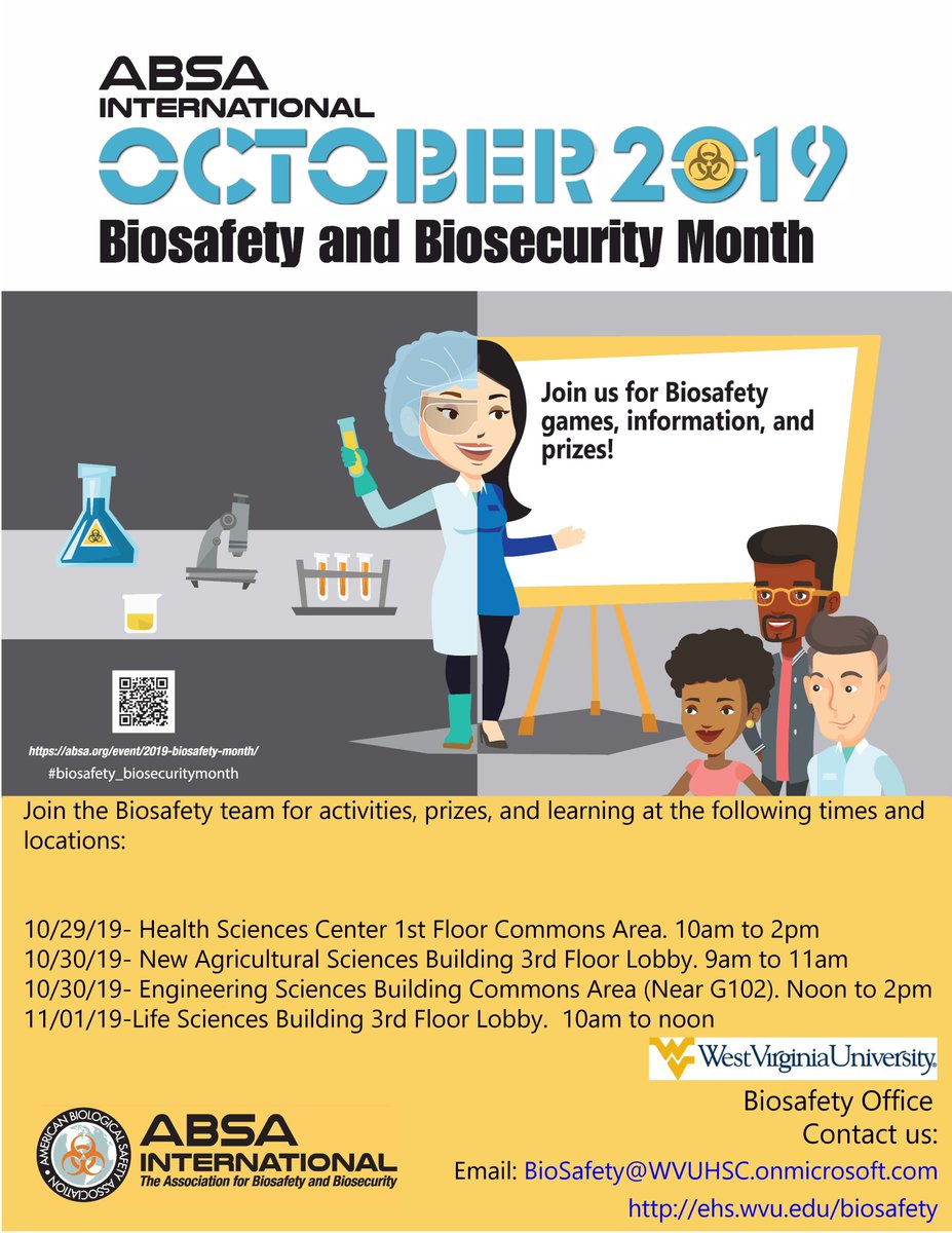 Reminder: Join the Biosafety Office in celebrating ABSA Biosafety Month this week at various locations throughout campus.  We hope to see you there!  #biosafety_biosecuritymonth #WVUbiosafetyday