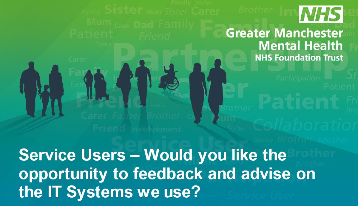 We are looking for service users with recent mental health service experience to be part of our IT Advisory Group.
Meetings take place every 2 months in #Prestwich. You will be paid for your time and travel expenses. All details here: buff.ly/2G8huay #TogetherGMMH 🖥️🖱️