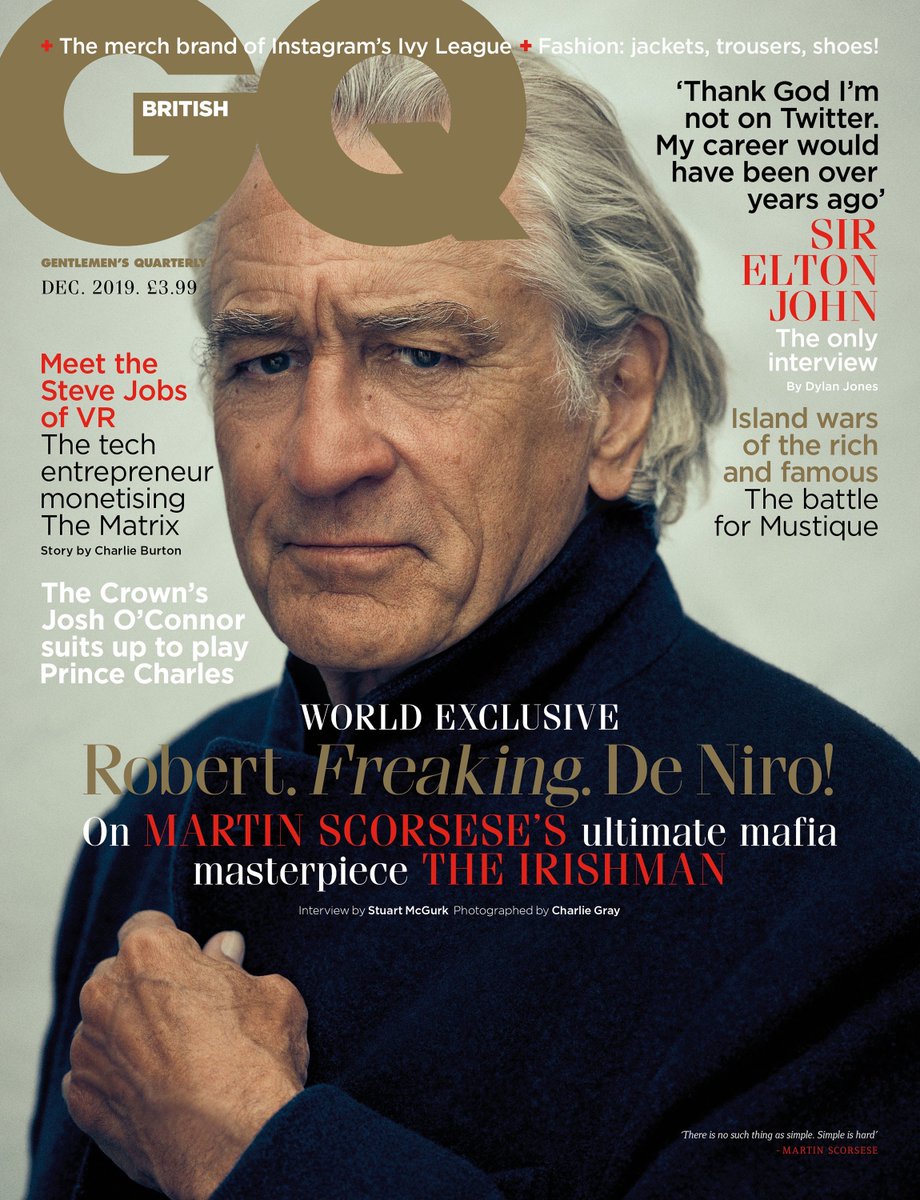 BritishGQ's tweet image. Introducing our December cover star… 🥁  
Hollywood legend and star of #TheIrishman, the one and only Mr. #RobertDeNiro. 
Read the world exclusive interview with @stuartmcgurk
now: gq.uk/xniiNR