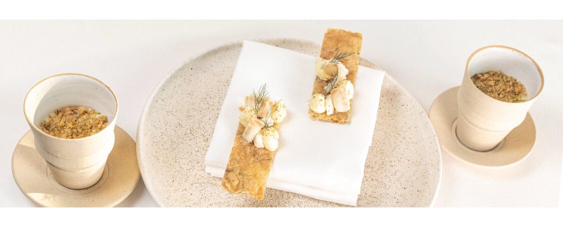 Our first course of crisp chicken skin with salt cod mousse and smoked eel.