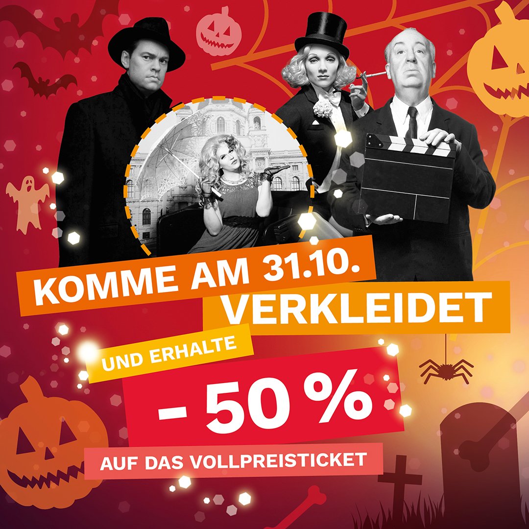 Es wird gruselig...💀 
Verkleide dich am 31.10. so schaurig wie möglich und erhalte -50% auf das Vollpreisticket an der Tageskassa 🎃
P.S.: Je unheimlicher desto besser! 👻

(akzeptiert werden nur komplette Kostüme)