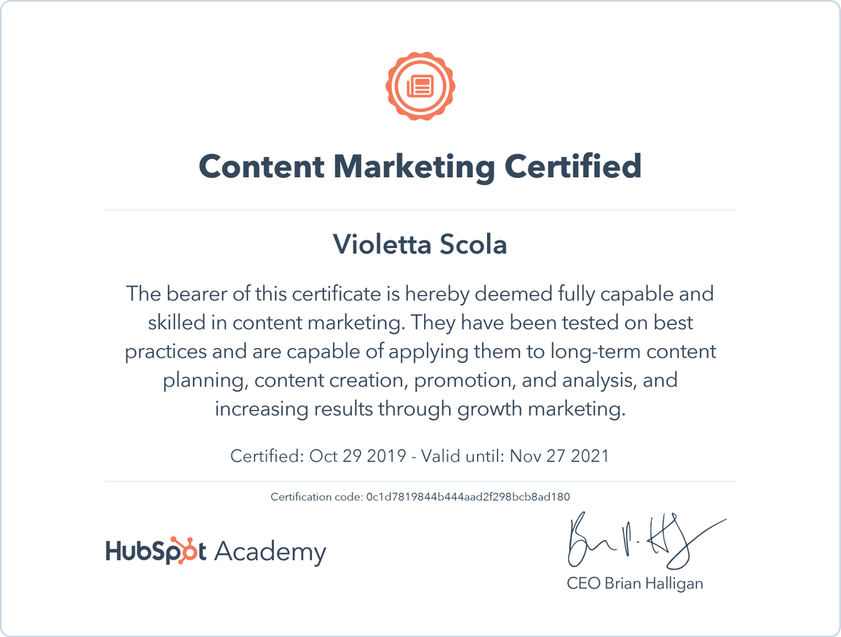 VioScoEM's tweet photo. I am proud and happy to be #hubspot content marketing certified! Thanks @HubSpotAcademy for an insightful course. There is always something new to learn in such a fast-evolving industry! #contentmarketing https://t.co/pZ1UyNmeMV