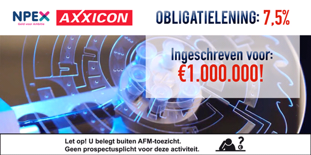 npex's tweet image. Grote belangstelling voor beursgang Axxicon uit Eindhoven! Er is al voor €1.000.000 ingeschreven op de Axxicon – 7,5% obligatielening en daarmee gaat de uitgifte definitief door.

Inschrijven kan nog, kijk hiervoor snel op: bit.ly/2pZd3Z4