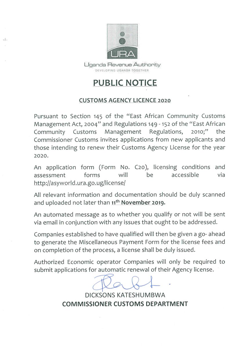 #PublicNoticeAlert

This is to alert everyone keen on applying for the customs agency license as well as everyone keen on renewing their customs agency licence for the year 2020 that the window is now open.

Kindly read this notice for more information. The deadline is 11/11/19.