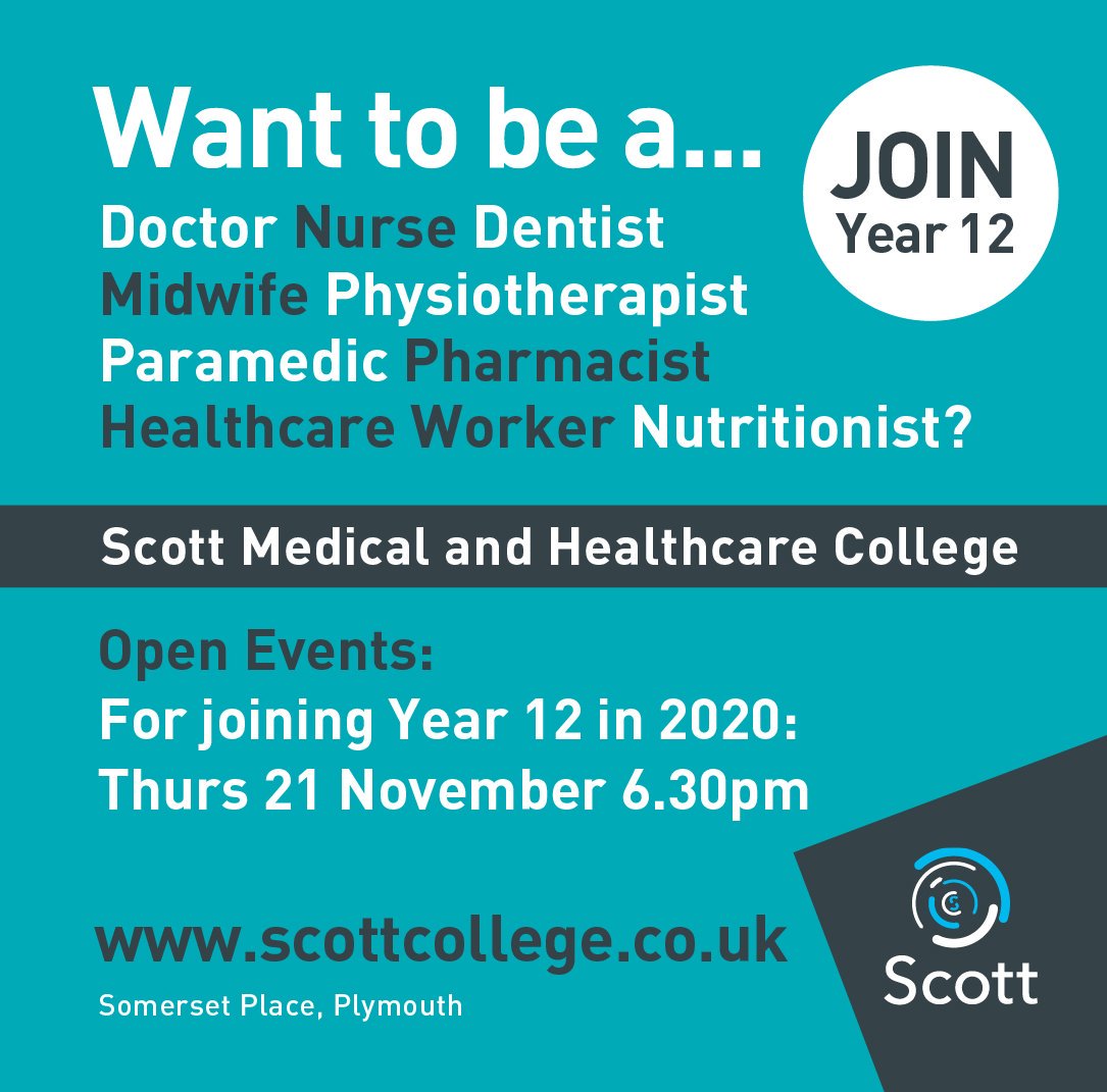 scottcollegeply's tweet photo. Hoping for a career in the medical and healthcare sector? Joining Year 12 in 2020? Come to our Open Event on 21 November and see everything the college has to offer. #Plymouth #SmallAndSpecialist @UHP_NHS @PlymUniMD https://t.co/mlC1qSmtT1 https://t.co/YXmLQAumtq