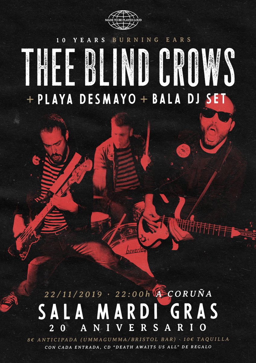 theeblindcrows's tweet photo. ANOTADE: ⚡️22 NOVEMBRO Sala Mardi Gras (A Coruña)
Thee Blind Crows + Playa Desmayo + BALA DJ SET!!!⚡️ https://t.co/nEzsdjT8tN