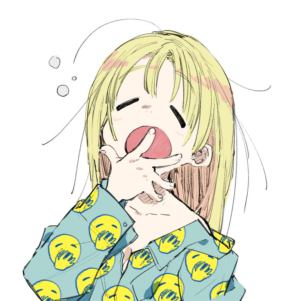 1girl yawning blonde hair solo pajamas open mouth white background  illustration images