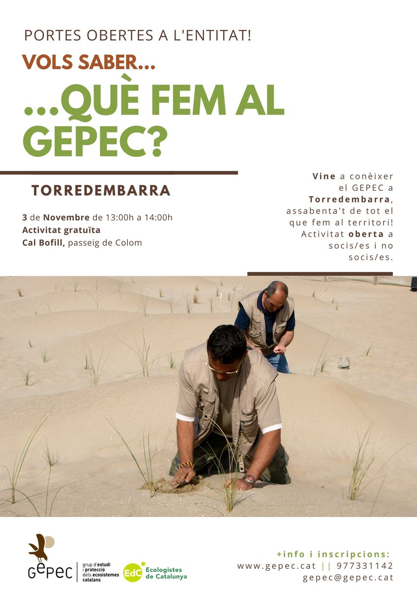 gepecedc's tweet photo. Portes obertes a la seu del GEPEC a #Torredembarra!
Vine i coneix tot el que fem al territori.
📆3/11/2019 
🕕13:00h
📍 Cal Bofill, Torredembarra
 
📝https://t.co/ErwXtAfoLq || gepec@gepec.cat || 977331142 https://t.co/MNrynNKAvU