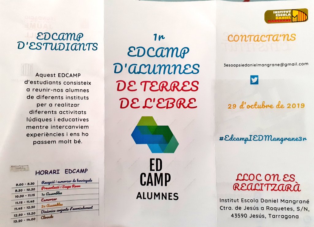 mcanosan's tweet photo. Arranca el 1r @EdCampTEbre d'alumnat a @IEDMangrane. Felicitats per la iniciativa! @FundacioBofill @educaciocat @crpbaixebre @edcampCAT @universitatURV @JessEMD1 @DolorsQueralt @montseperello https://t.co/R4EKCE0Qam