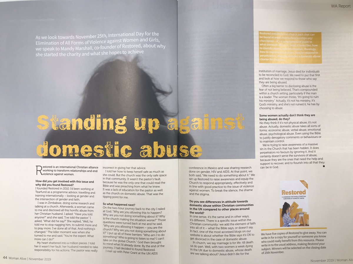 Rest0red's tweet photo. Pick up a copy of the Nov edition of @WomanAliveUK & turn to page 44-45 to read about how we set up and the Survivors Handbook. Order yours by emailing info@restoredrelationships.org #DomesticAbuse #InChurchesToo #DVAM #DVAM2019 #ChurchToo #WomanAlive https://t.co/QdstfiaI9t