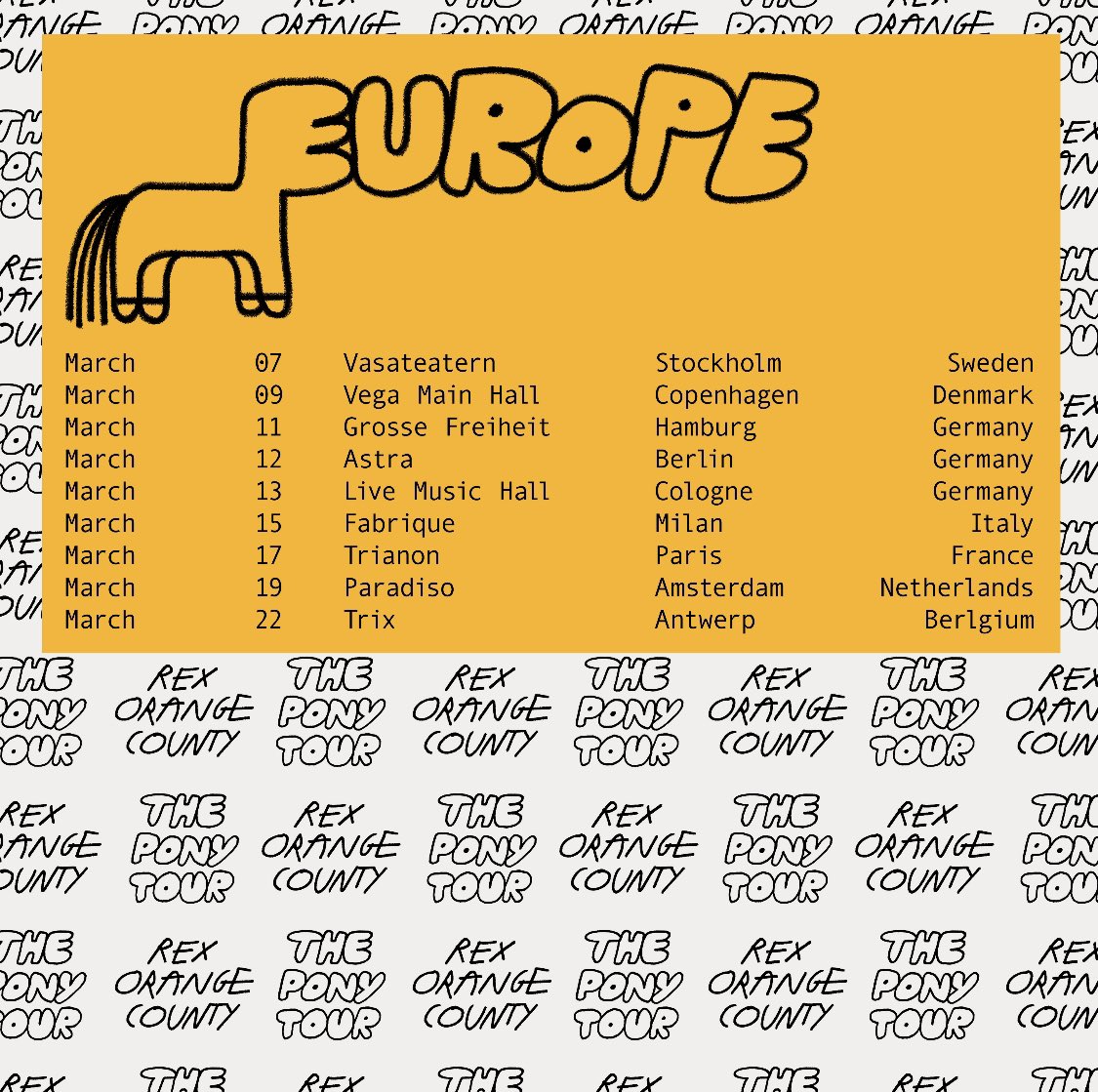 rex orange county (@rexorangecounty) on Twitter photo 2019-10-29 09:30:29 EUROPE 2020 , tickets on sale this Thursday 31st October, 10am Local π more dates coming soon!!! tickets at rexorangecounty.com EUROPE 2020 , tickets on sale this Thursday 31st October, 10am Local π more dates coming soon!!! tickets at rexorangecounty.com