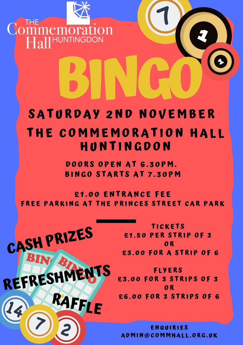 BINGO! At the Commemoration Hall this Saturday 7.30pm! #bingo #cash #winners