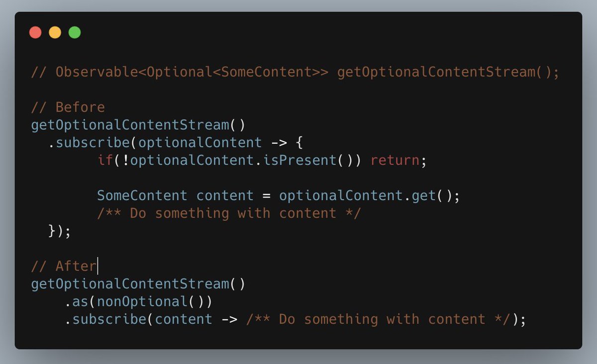 yahyabayramoglu's tweet image. In case you are using `Optional` as container your nullable type inside Rx streams :) 

- Kotlin: just create an extension function 
- Java: use `as` or `compose` from RxJava
(I choose `as` - considering Single would become Maybe)

#AndroidDev #rxJava #kotlin