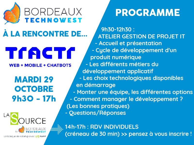 Bdx_Technowest's tweet photo. 📲💻 En direct de l'atelier "Gestion de projet #IT" avec @GuillaumCo de @tractr, partenaire #numérique de @Bdx_Technowest, grâce à qui le #développement de produits numériques, les métiers du dev applicatif... n'auront plus aucun secret pour nos #startup ! #LaSourceEvent https://t.co/yFBgTHADlr