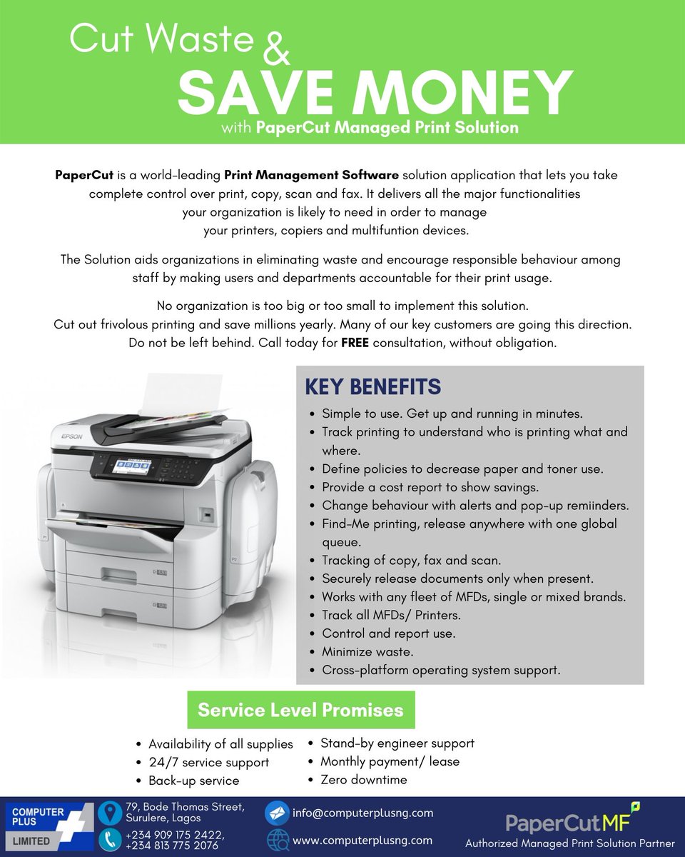ComputerPlus_'s tweet image. Hey guys, we have great news for you. #PaperCut print management solution is here to help you take complete control and fix all your printing and scanning issues at very little cost. Call us now on +2349091752422 to order or get more details. #ManagedPrintSolution #Fre