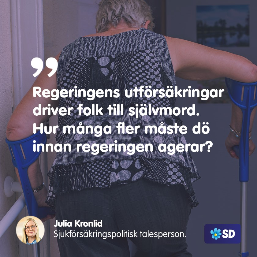 Svårt sjuka tvingas arbeta, människor ser sina sjukdagar försvinna i väntan på vård och regeringen har slagit rekord i antal avslag på sjukersättning.

Regeringens utförsäkringar driver folk till självmord. Hur många fler måste dö innan regeringen agerar?

aftonbladet.se/nyheter/a/wP5M…