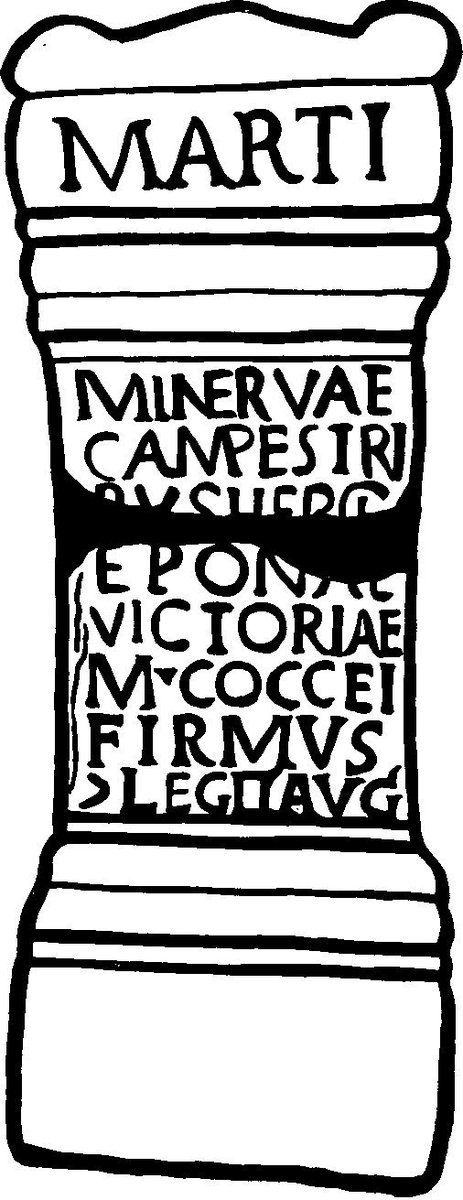 A religious altar dedicated by #Roman soldier Marcus Cocceius Firmus, a centurion in the Legio II Augusta - he took no chances with his dedication, making it to a number of military deities - Mars, Minerva, Hercules, Victory, Epona, &amp; the goddesses of the parade ground #RomanArmy