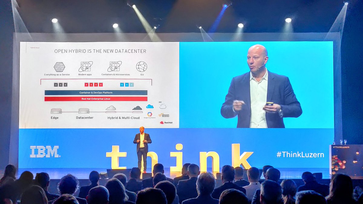 UrsBolt's tweet photo. Open Hybrid is the new #data center β
@RedHat's @LeonardBodmer at @IBM #ThinkSummit in #Lucerne. #ThinkLucerne #cloud #infrastructure https://t.co/kNvnobdWiP