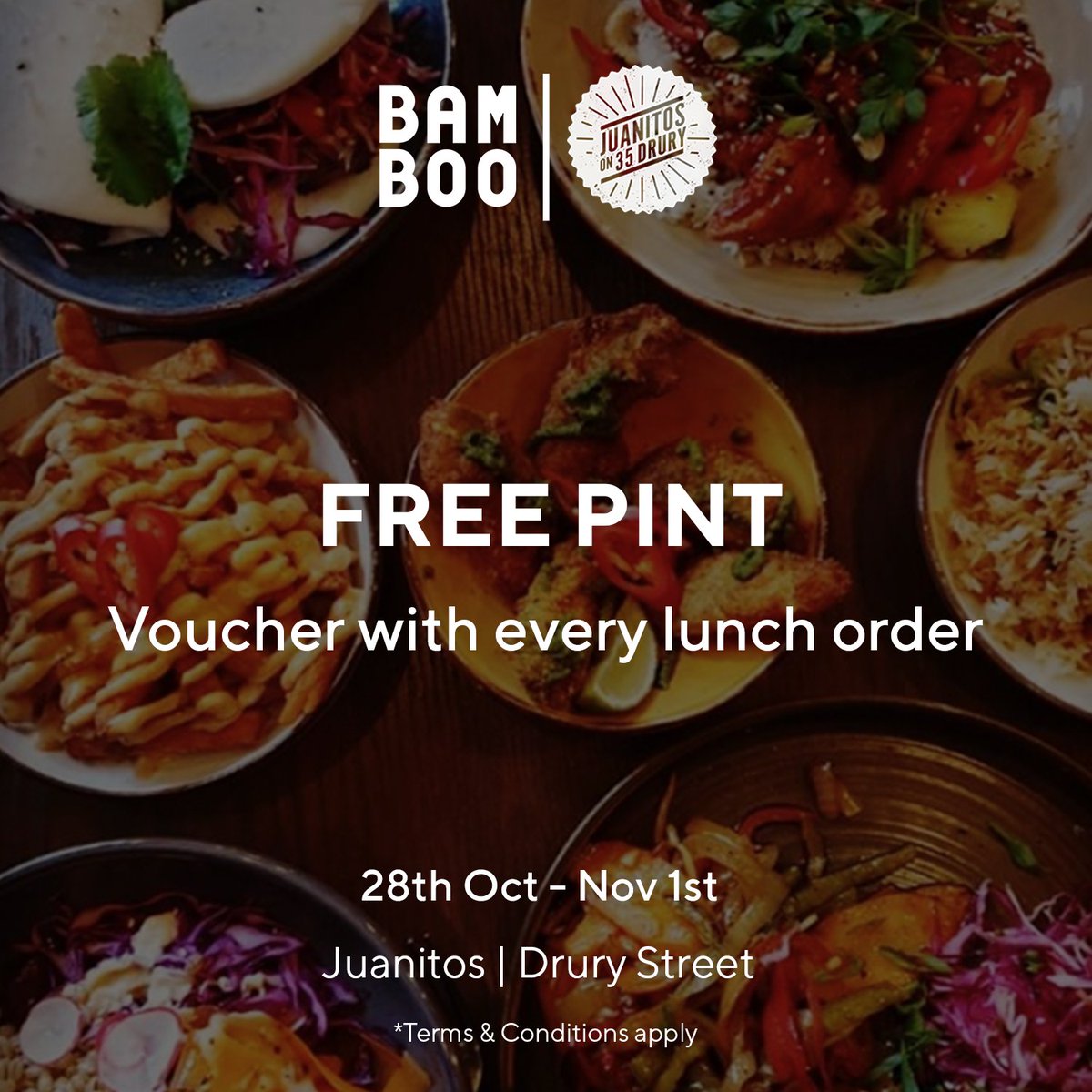Spend more than €10 on any order at Juanitos Drury Street this week on Bamboo and get a free pint voucher in store. 😯🍺
#OrderAhead #SkipTheWait Proof of age required