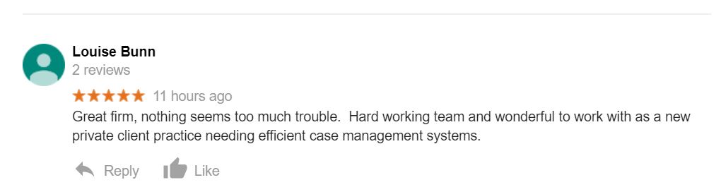 Hoowla's tweet image. Another great Google review for our case management system. "Great firm, nothing seems too much trouble.  Hard working team and wonderful to work with as a new private client practice needing efficient case management systems."