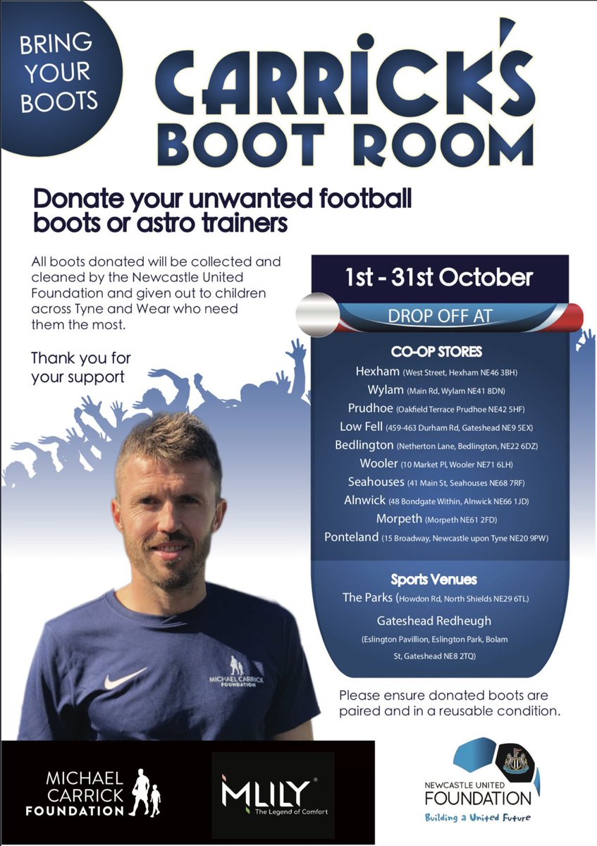 NU_Foundation's tweet photo. 👟 Help our young participants who turn up to play football in sandals, school shoes or even socks by donating your unwanted football boots to #CarricksBootRoom.
➡️ Drop-off points near you: https://t.co/oUXXDPEd7C #NUFC #UnitedAsOne https://t.co/YGVv6bKZLV