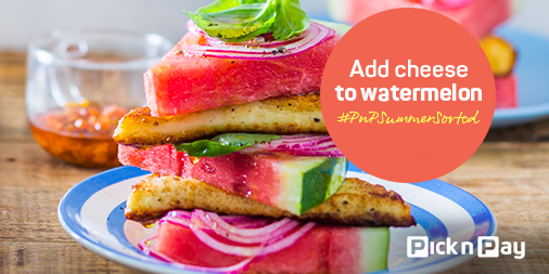 PicknPay's tweet photo. Did you know that watermelon and brined cheeses are a match made in heaven? Pair with feta, mozzarella or halloumi, just like we’ve done in this summer caprese salad #PnPSummerSorted > https://t.co/Qg7sX0NbXM https://t.co/EeyS3vut2i