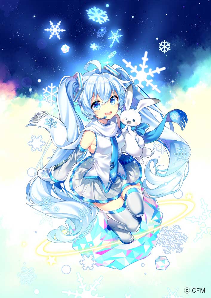 hatsune miku ,rabbit yukine ,yuki miku 1girl scarf skirt snowflakes long hair blue eyes twintails  illustration images