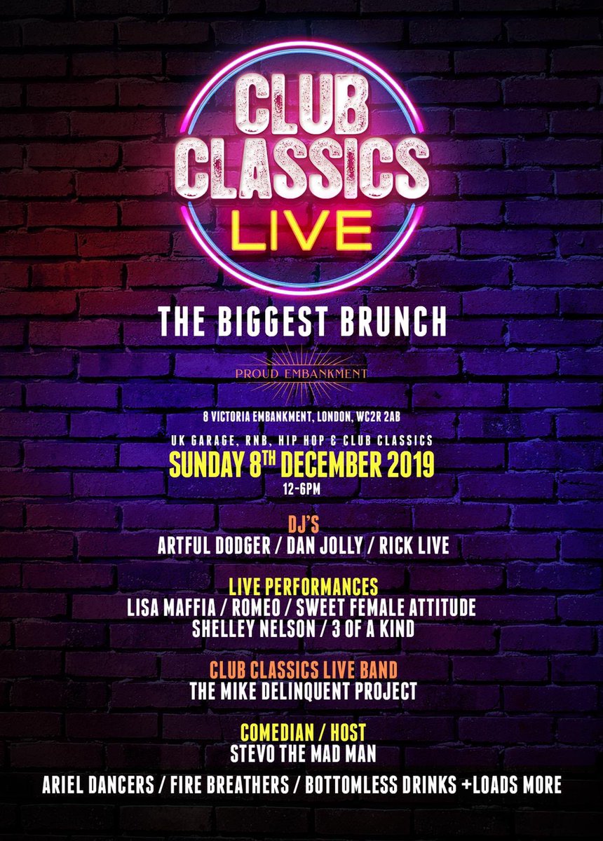 CLUB CLASSICS LIVE - Our brand new brunch with a Live Band playing UK Garage, DJs, Comedian, performers and much more...

For more details &amp; ticket link check the bio at @ClubClassicsLiveoffical 

fatsoma.com/ClubClassicsLi…

Inbox us fo
