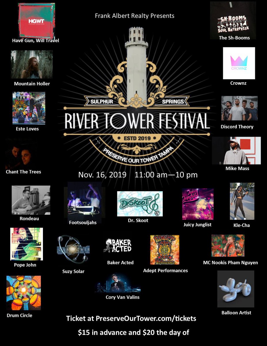 10 live bands, 7 DJs, a fire show, magician, balloon artist, drum circle for kids, food trucks, art vendors, beer and wine. A full day of fun for everyone. $15 in advance. Kids under 10 are free. Get your tickets that allow full day in and out entry. PreserveOurTower.com/tickets