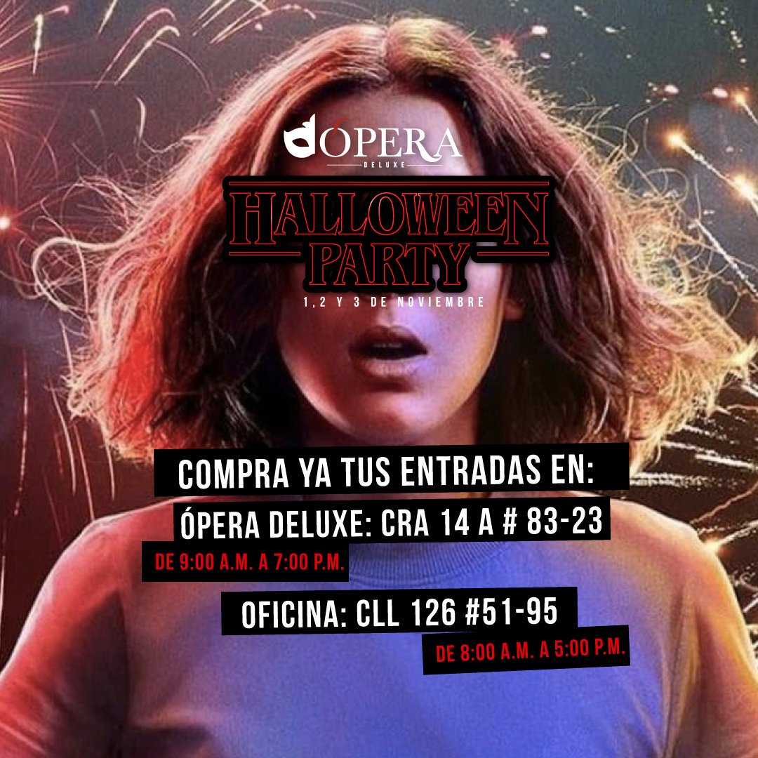 Las puertas de esta increíble y tenebrosa dimensión 🎃 ☢️ están a días de abrirse. ¿Tú ya tienes tus boletas? Compra tu preventa ya en nuestro bar Ópera Deluxe en la Cra 14 A #83-23 de lunes a viernes de 9 am a 7:00 pm o en nuestras oficinas en la Cll 126 #51-95 de 8:00 am a 5:00