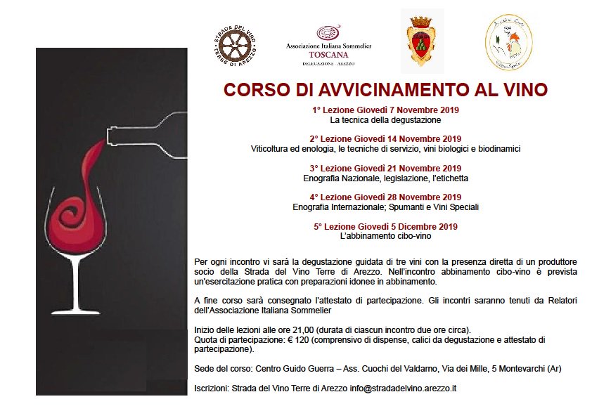montevarchi's tweet photo. #EventiMontevarchi
In programma cinque lezioni per l'avvicinamento al vino, per ogni incontro vi sarà la degustazione guidata di tre vini con la presenza diretta di un produttore socio della Strada del Vino Terre di Arezzo.
Un'occasione da non perdere! https://t.co/9tj2PsVX0P