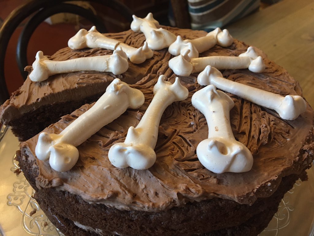 Choc and salted caramel cake with meringue bones as our special today - spoooooky!!!!!