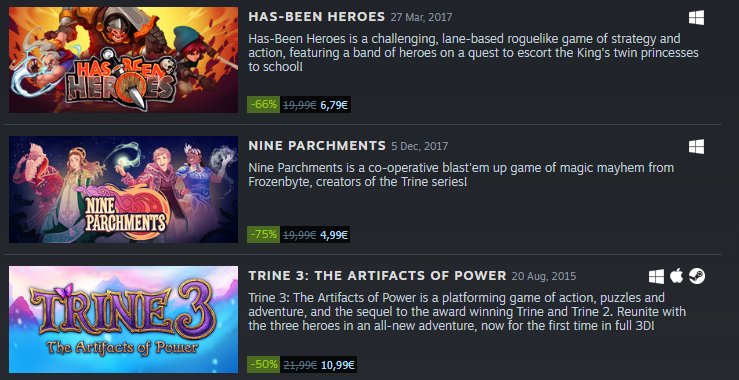 Time for the Steam Halloween Sale! 👻🎃

Check out all the scary deals from: store.steampowered.com/developer/froz…

#SteamHalloweenSale #Trine #NineParchments #HasBeenHeroes #Shadwen #Shadowgrounds