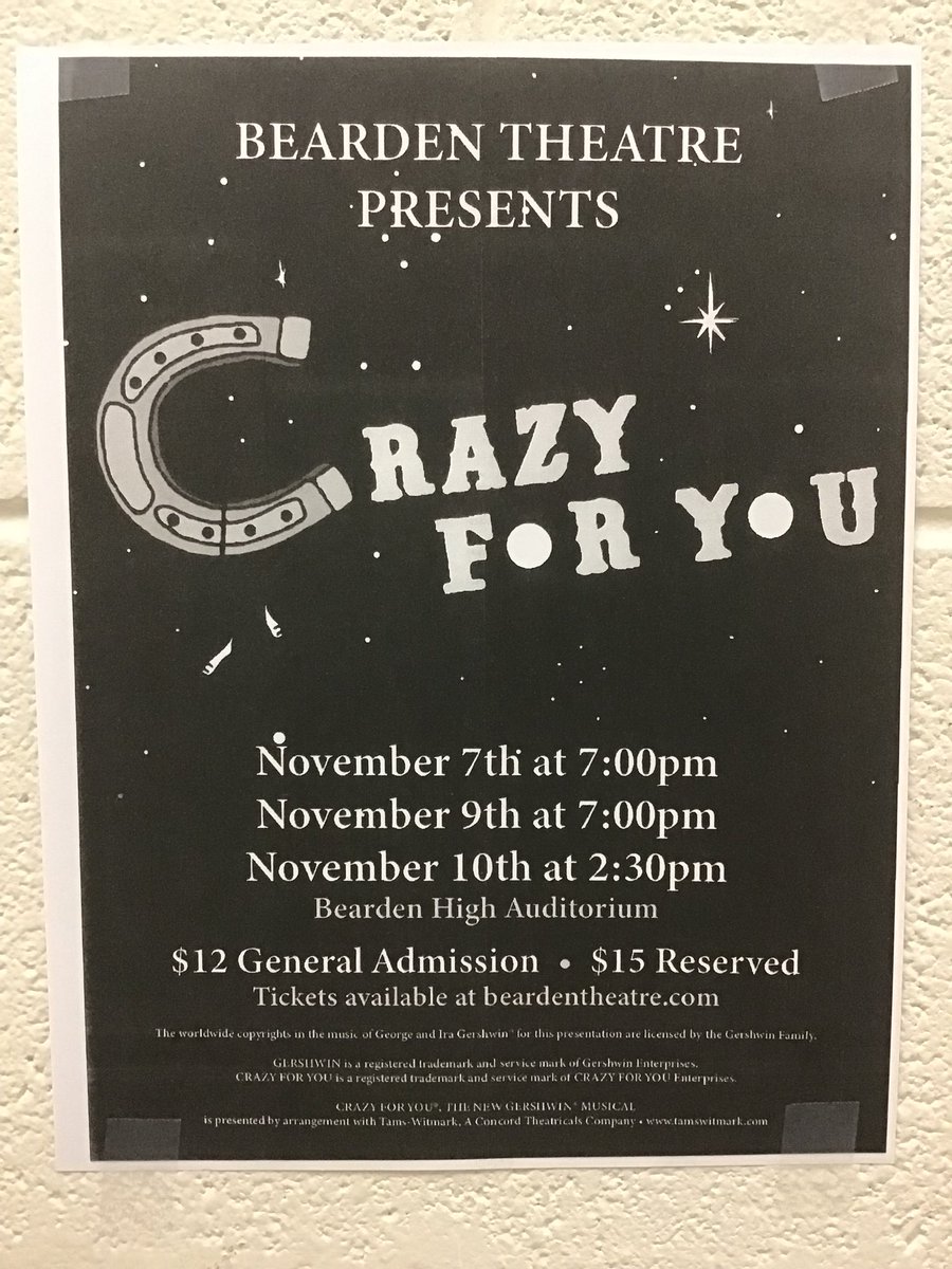 coachtatefhs20's tweet photo. Only 9 more days until Opening Night for the Bearden High School Musical Theater production of CRAZY FOR YOU! 🎭 🐶
Thursday, November 7
Saturday, November 9
Sunday, November 10
Get your tickets now at https://t.co/9133b7G5Vx
$12 General Admission 
$15 Reserved Seats https://t.co/XV1TiFc1Cf