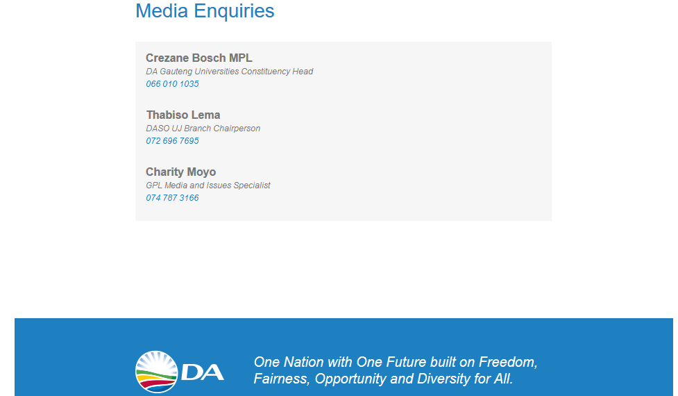 DASOUJ's tweet photo. DA Gauteng Provincial Parliament Media release on behalf of DASO UJ, Calling the University of Johannesburg to intervene on Top ups (Multimillion rand fraud). Media Enquiries: @ThabisoLima (Branch Chairperson) &amp; Crezane Bosch (MPL). https://t.co/E2ERN9uqdY