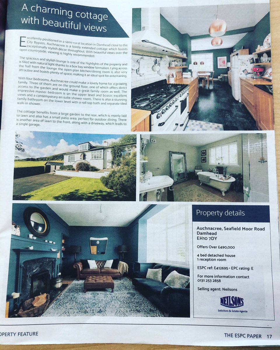 NeilsonsSales's tweet photo. Great to see one of our properties for sale at Auchnacree, Seafield Moor Road, #Damhead, #Midlothian featured in this weekโs @espc paper! A most attractive, beautifully extended 4 bed cottage ๐ก Offers Over ยฃ490,000. Make sure to pick up your copy this week ๐ https://t.co/Tk0GVigNY7