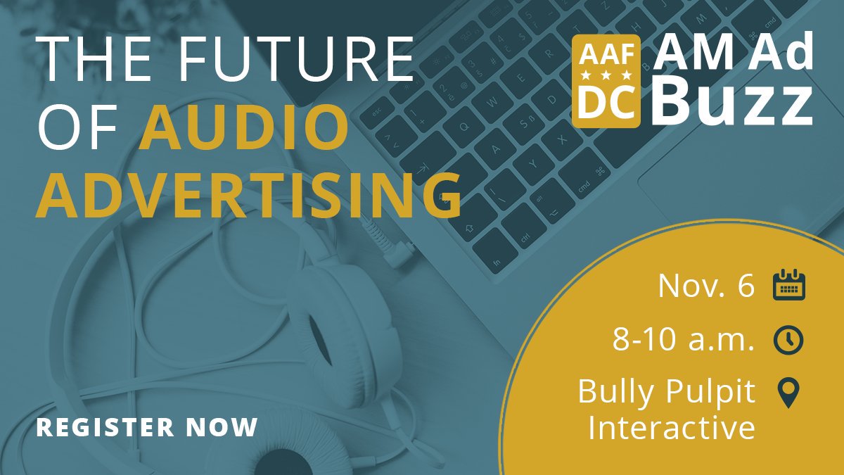 AAF_DC's tweet photo. The popularity of audio for marketing is growing exponentially. Future-proof your strategy with tips and industry insights from #audioadvertising pioneers @thisisdax and Frequency. Join the discussion at #AMAdBuzz, 11/6 from 8-10 a.m. https://t.co/02xj9J5igF https://t.co/R1Yj96nTtE