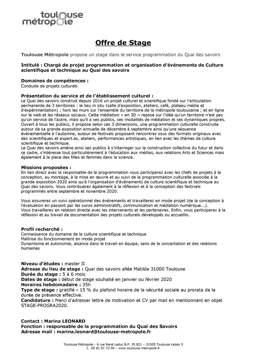 QuaiDesSavoirs's tweet photo. [📢 Offre de stage ] Chargé·e de projet #Programmation &amp; organisation d'événements #QuaidesSavoirs   

➡️ début de stage souhaité en janvier ou février 2020 (5 à 6 mois)

➡️ Clôture envoi candidature : 17/11 🔚 au mail indiqué uniquement

ℹ️+ de détails dans le visuel ci-joint https://t.co/DXfkNVgBW5